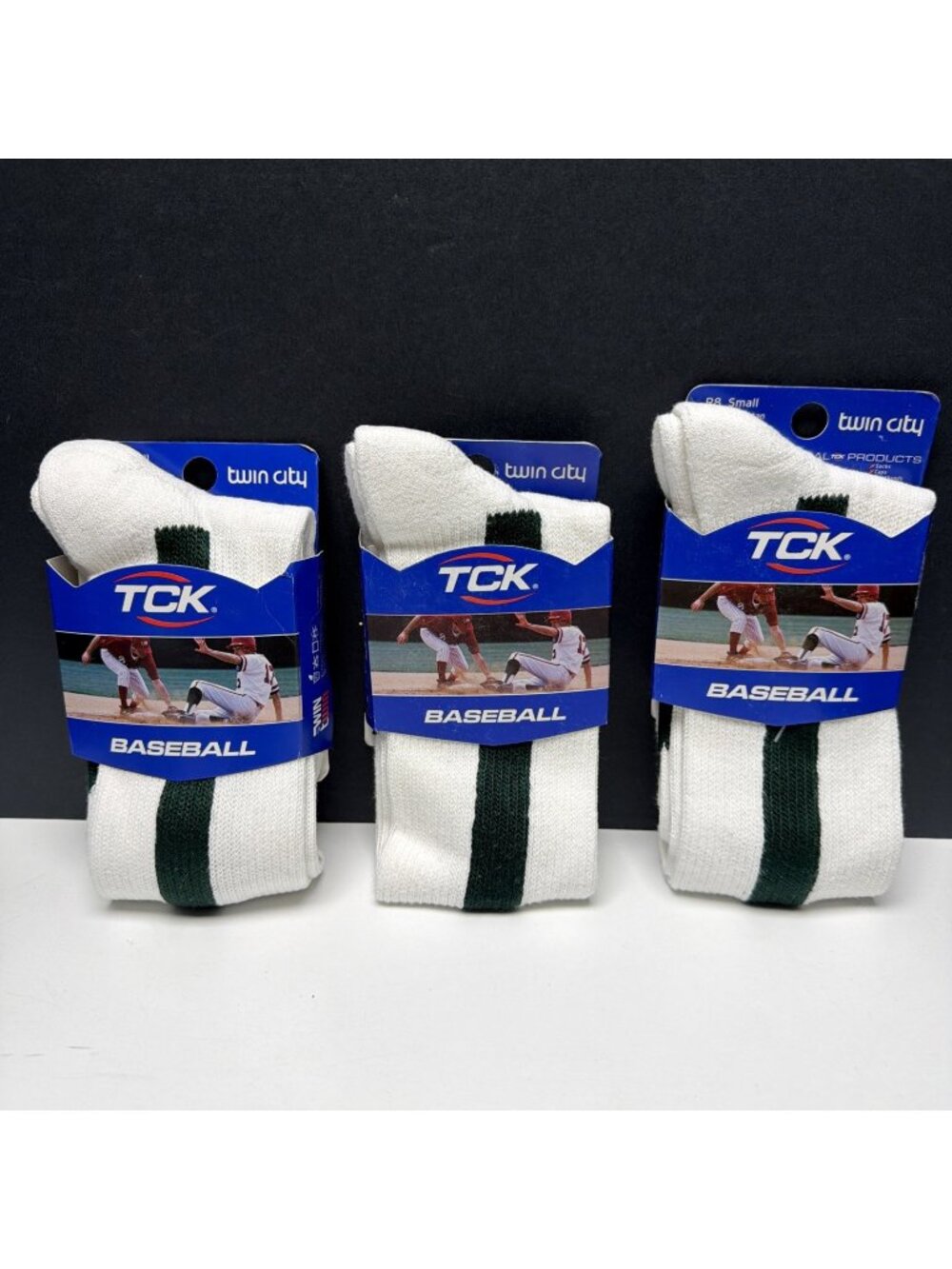 Baseball Socks White W/Green Stripe Size Small Twin City TCK‎ 3 Pairs See Chart